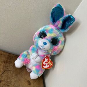 Ty TySilk Beanie Boos Multicolor Neon Pastel Plush Hops the Bunny Rabbit 8" Plus